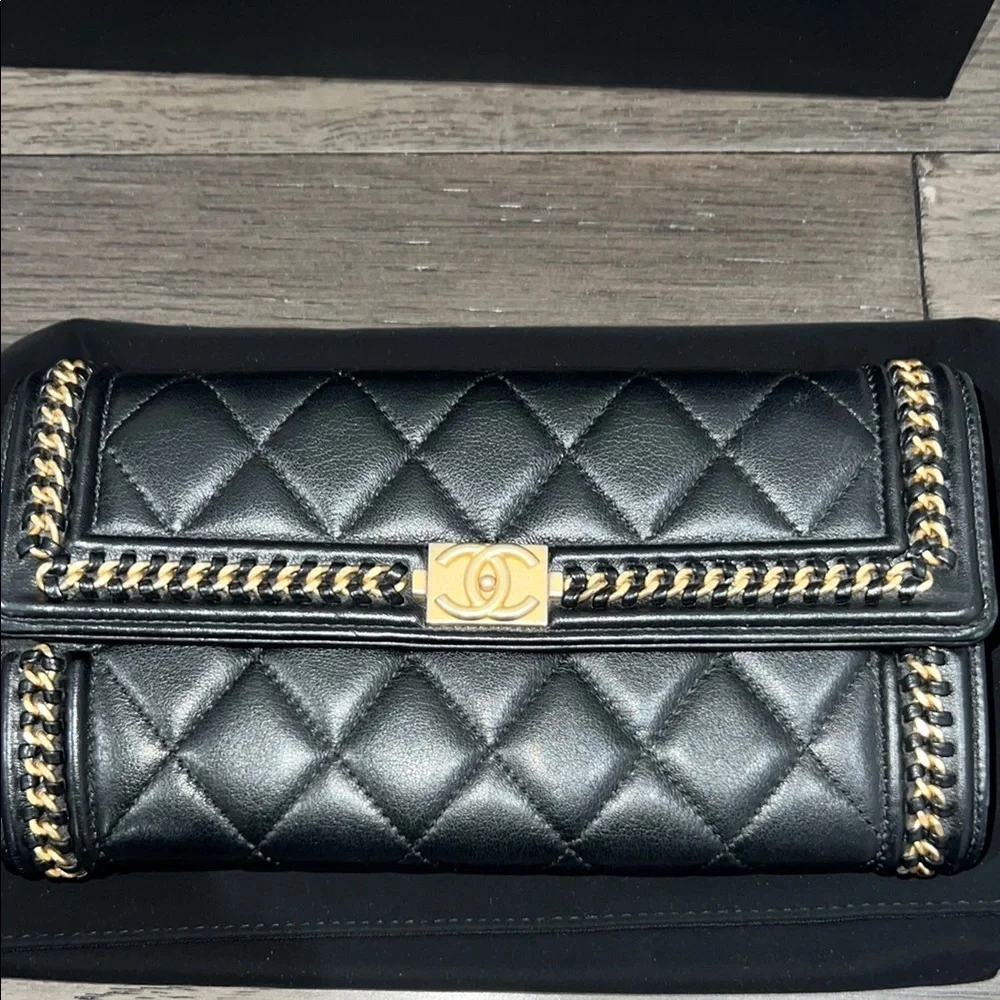 RARE!! Chanel Black and Gold Quilted distressed chain flap wallet